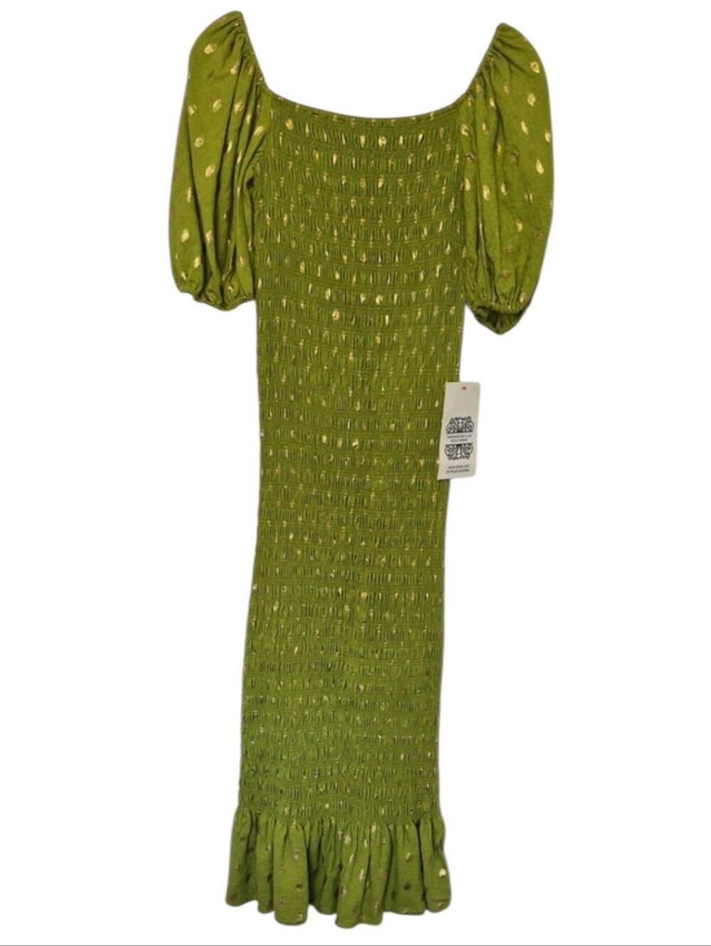 Never Fully Dressed Green Gold Metallic Smocked Puff Sleeve Midi Dress M #954